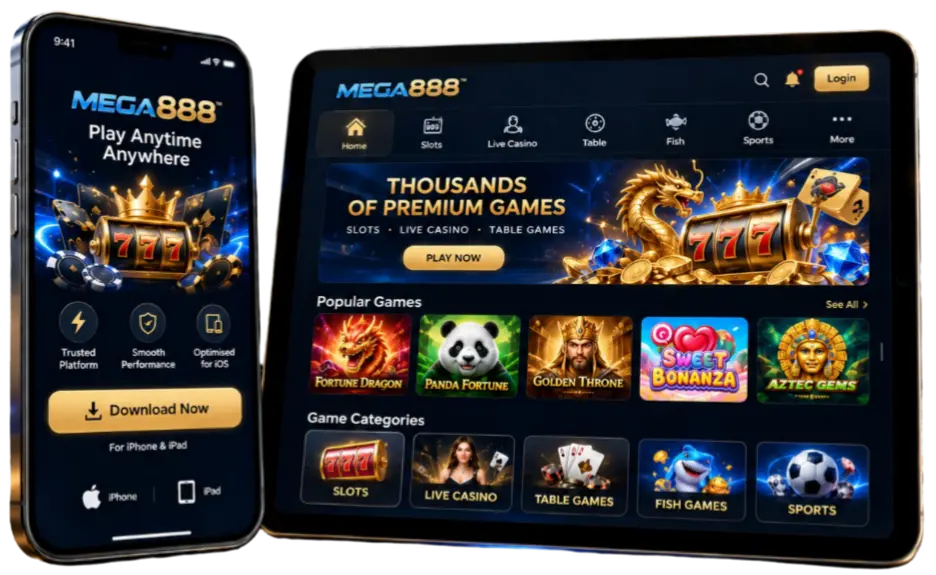 Tangan memegang telefon dengan app Mega888 v10.88