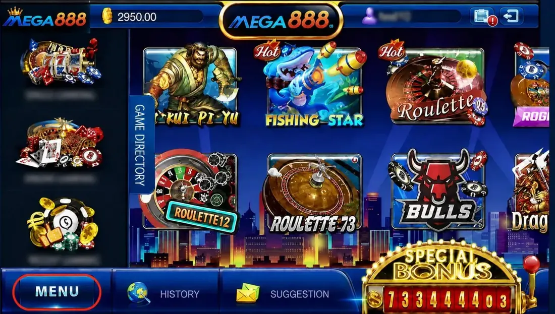 Lobi Mega888 dengan slot, permainan memancing dan permainan meja