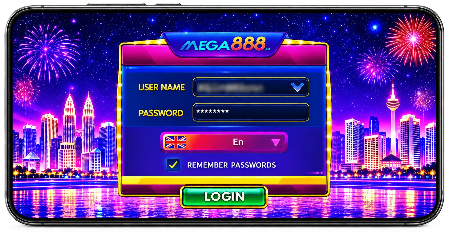 Skrin log masuk Mega888 dengan ruang nama pengguna dan kata laluan