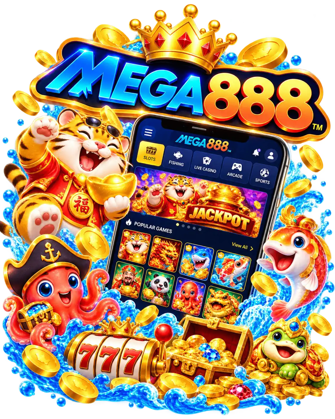 Logo Mega888 dengan ikon permainan, skrin lobi dan syiling emas