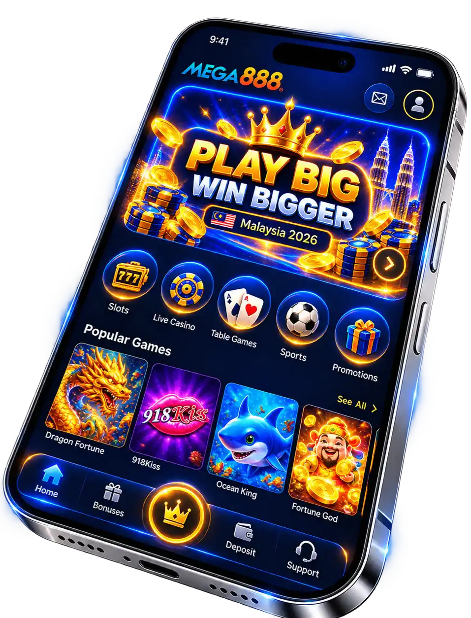 Aplikasi Mega888 pada telefon, sedia untuk log masuk dengan ID daripada agent